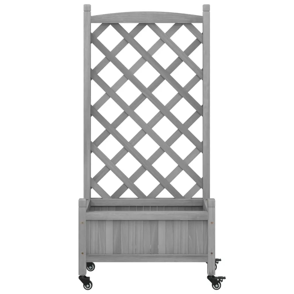 Gray Solid Wood Fir Planter with Trellis and Wheels