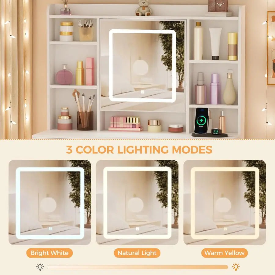 Vanity Desk with Mirror Lights, Power Outlet and Jewelry Storage