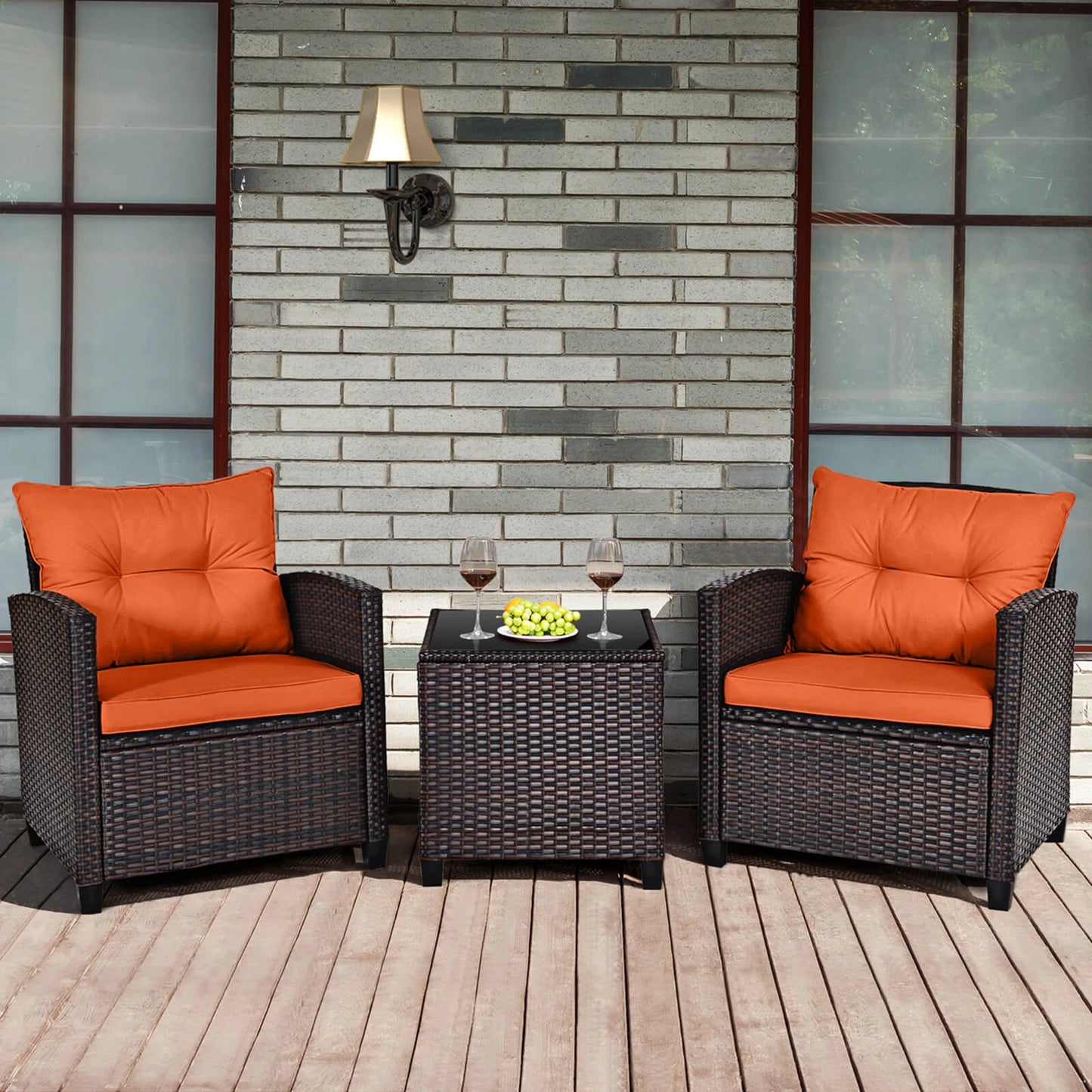 3 PCS Patio Rattan Cushioned Conversation Furniture Set
