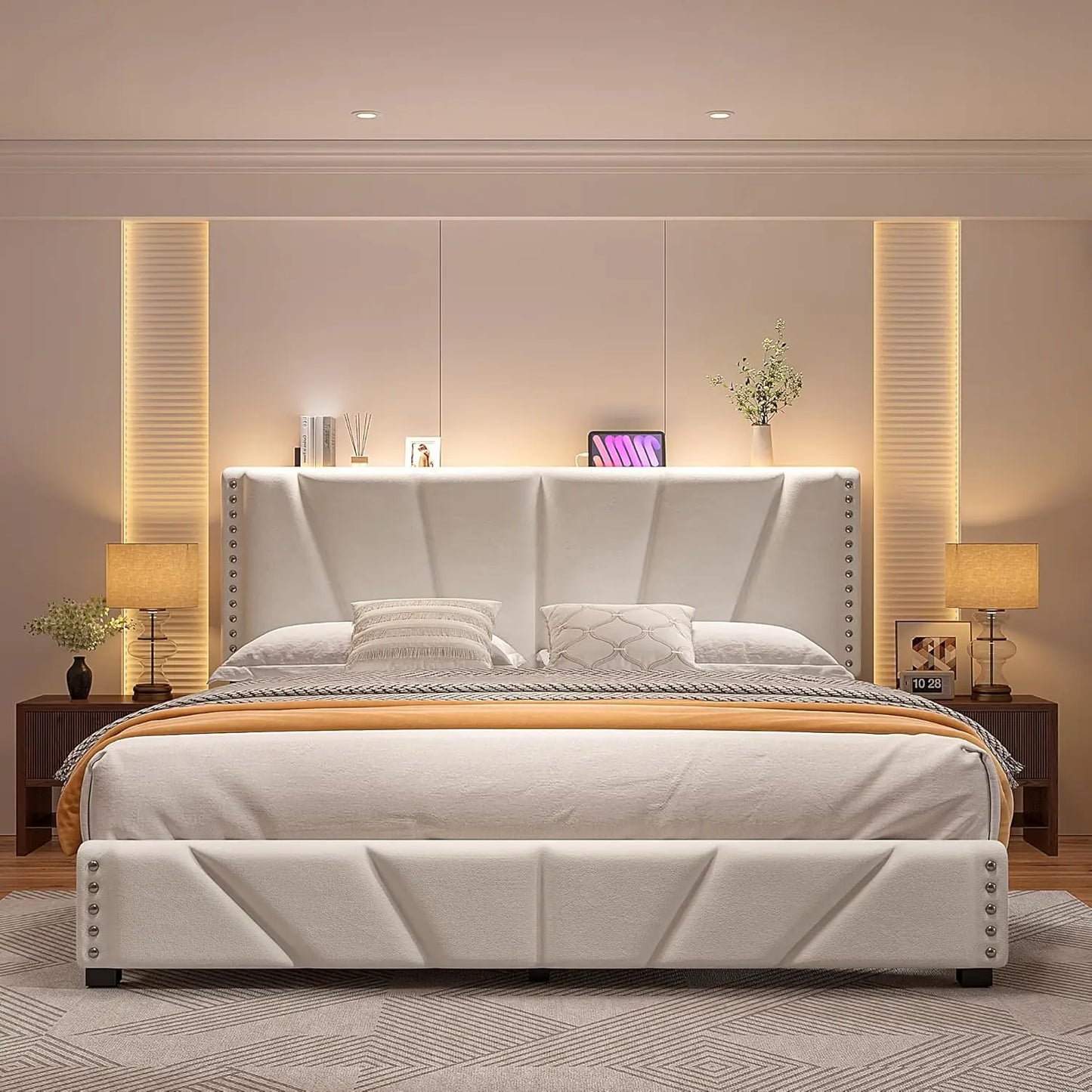 Storage Headboard Platform Bed with Charging Station