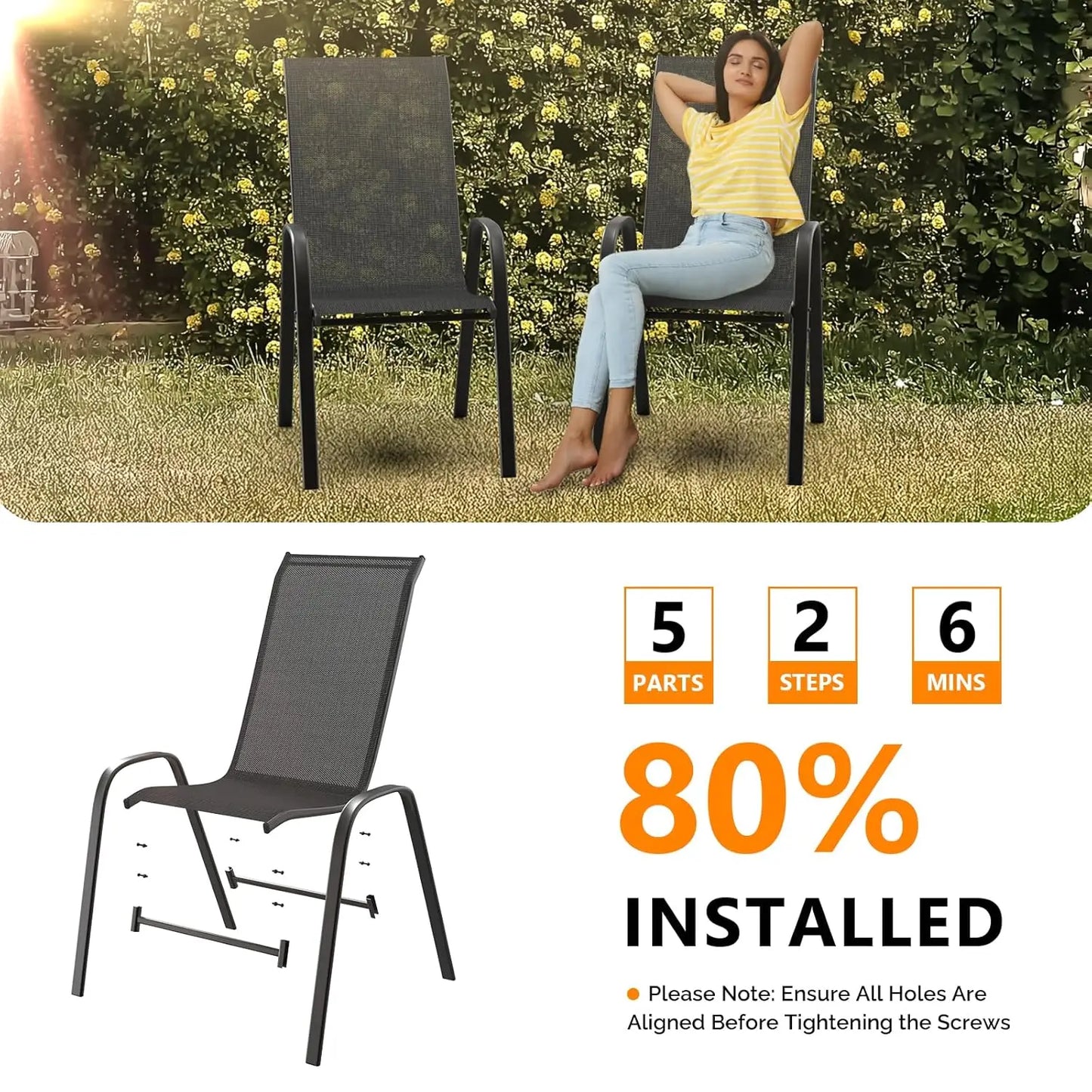 Stackable Outdoor with Comfortable Sling High Back Chairs and Armrests