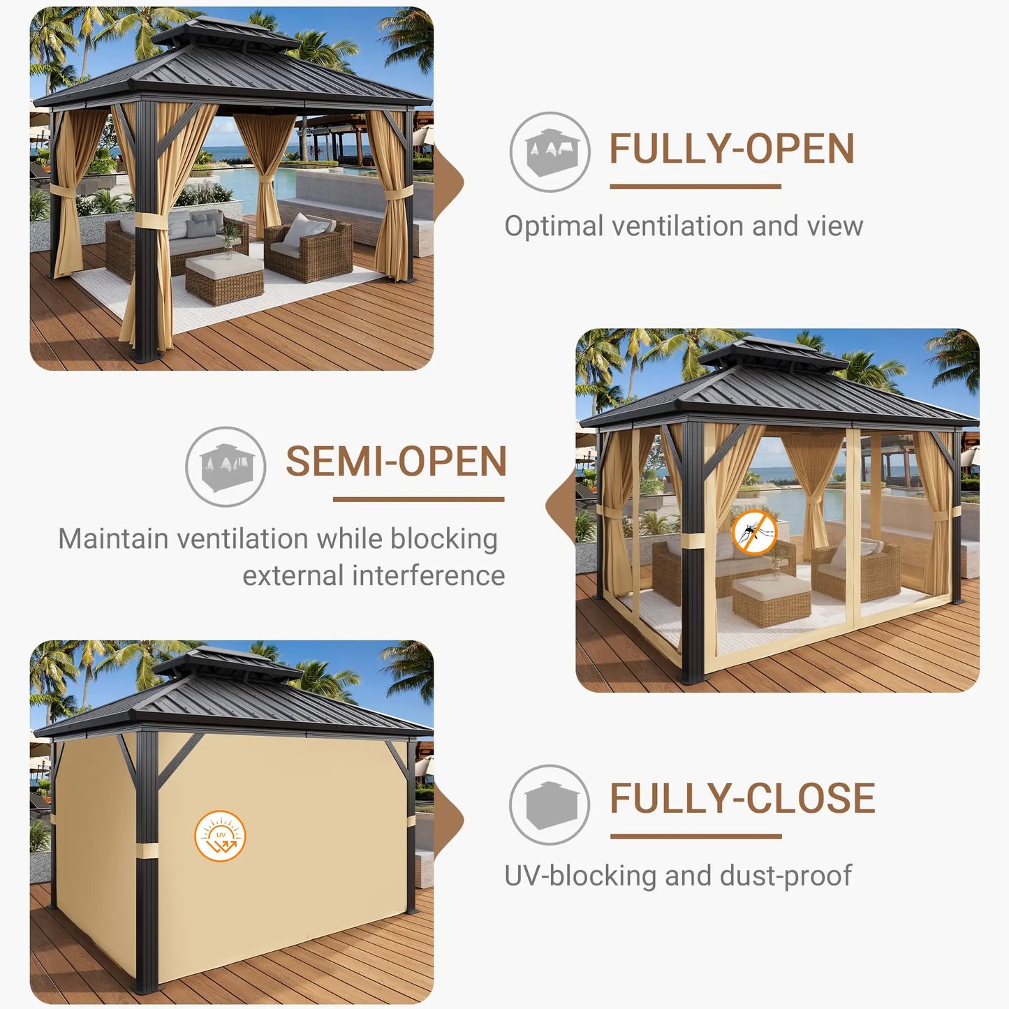 Heavy Duty Hardtop Gazebo Aluminum Permanent Pavilion With Double Steel Roof Netting & Curtains
