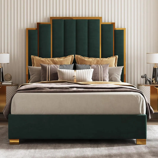 Upholstered Velvet Platform Bed with Gold Trim Headboard