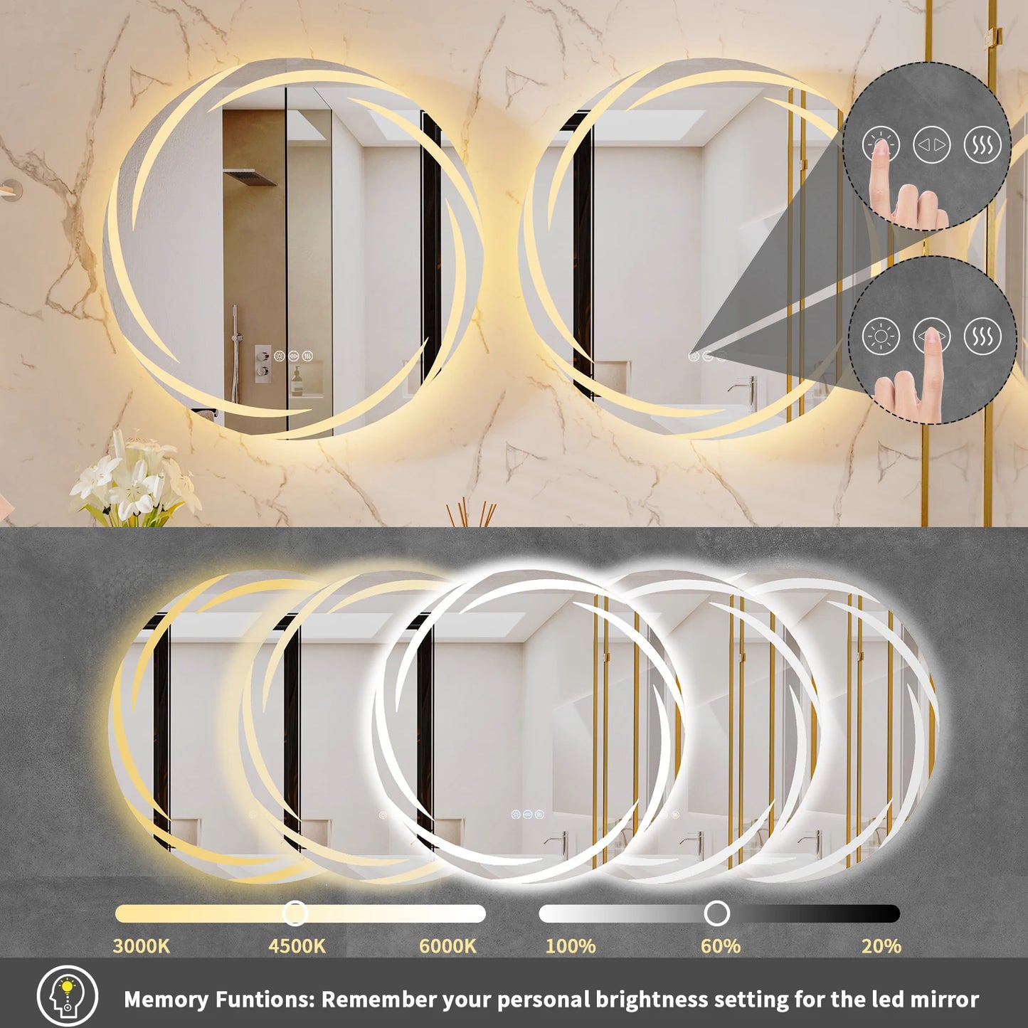 Anti-fog LED Wall Mounted Vanity Mirror Circle Shatterproof Lights