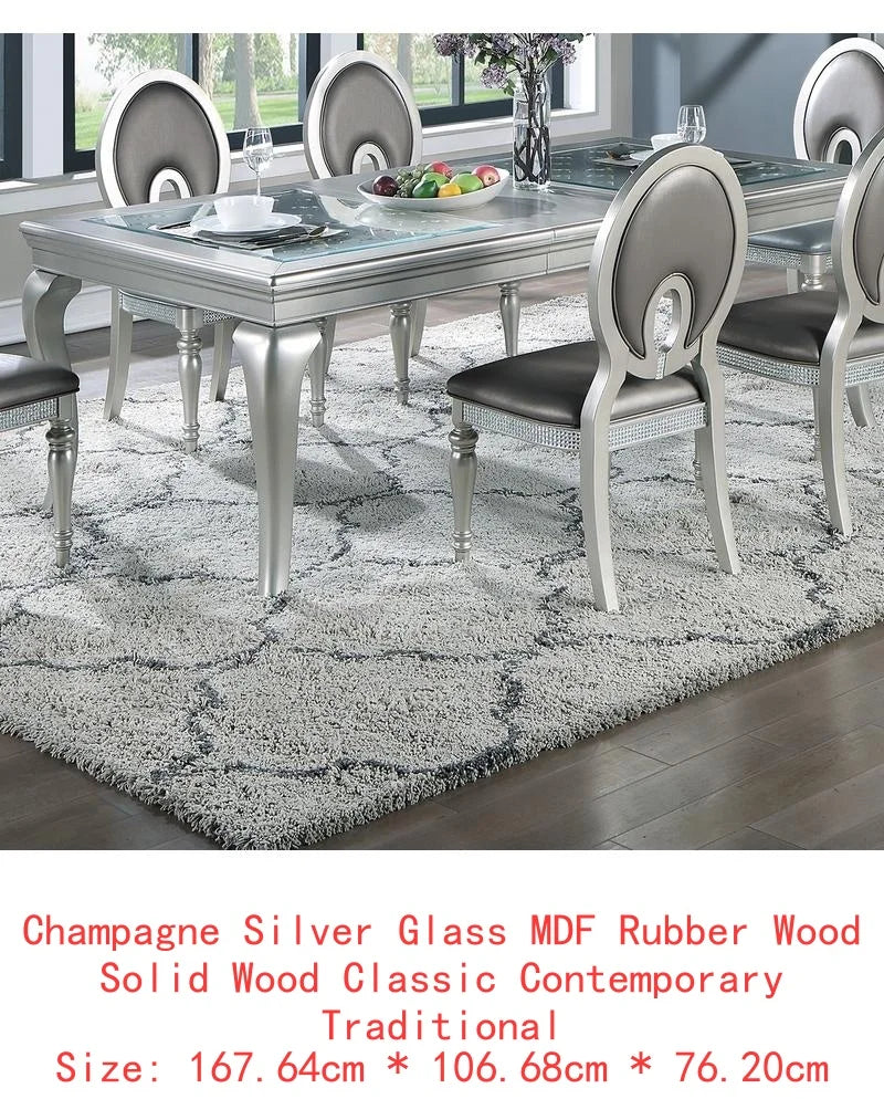Rect. Glass Dining Table Set w/ Silver Hue & 6 Tufted Side Chairs