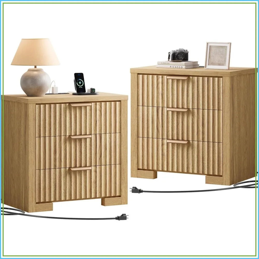 Fluted Nightstand with Charging Station