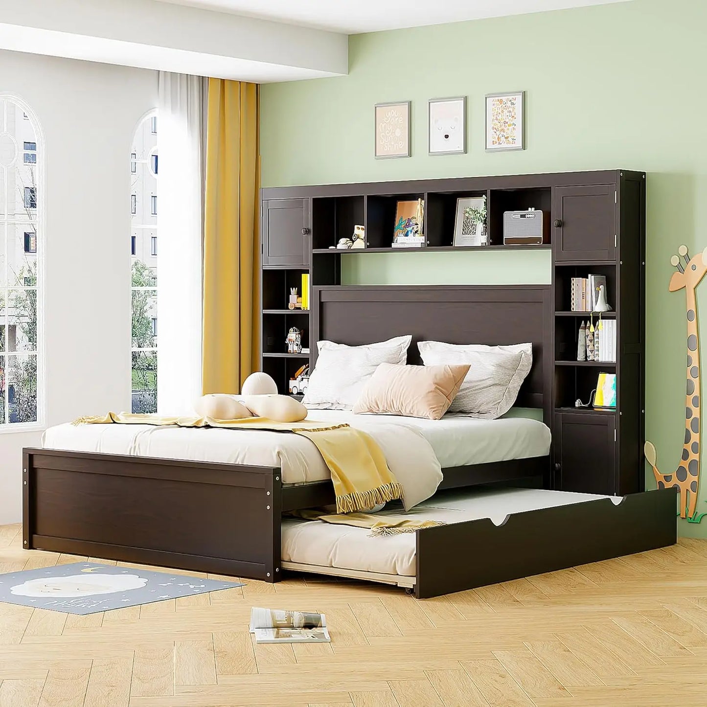 Storage Bed with Bookcase Headboard Platform Bed