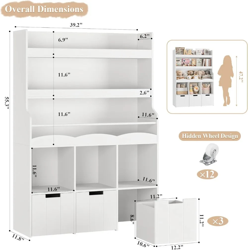 Bookshelf with Toy Storage Organizer with 3 Movable Bins