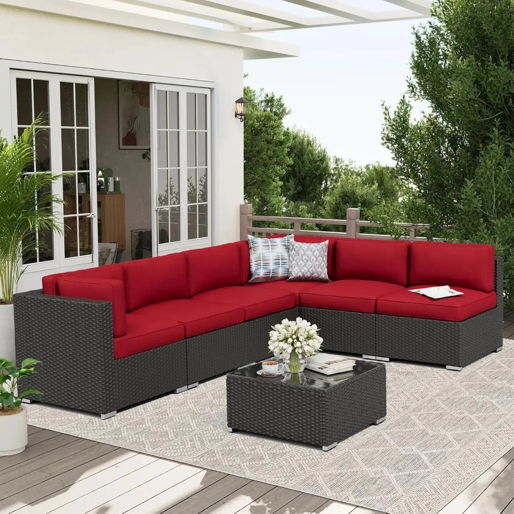 7-Piece Patio Furniture Sofa Set Rattan Wicker Sectional Conversation Sets with Glass Top Table and Cushions