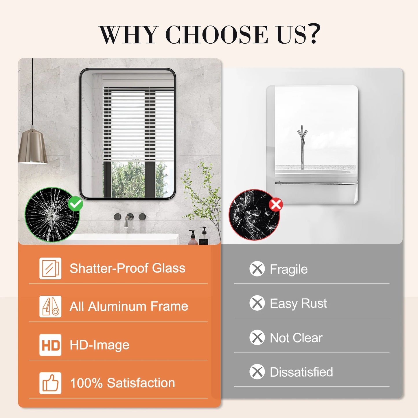 Vanity Rectangle Rounded Corner Tempered Glass Mirror Metal Framed