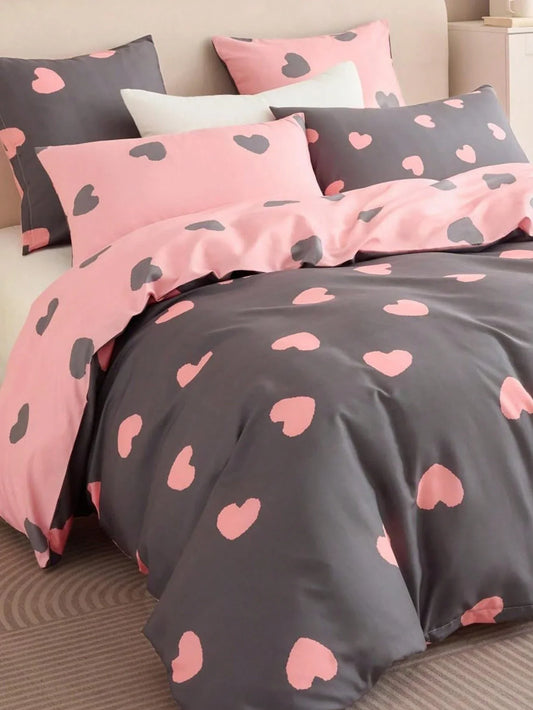 Gray And Pink Heart Print Duvet Cover Set