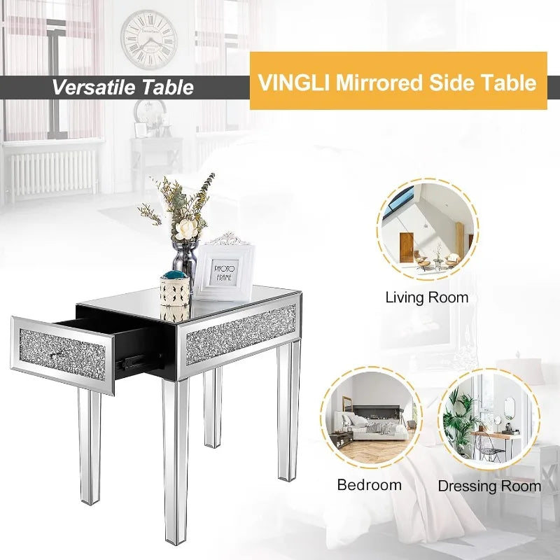 Mirrored Nightstand Set with Drawer Glass Accent Table
