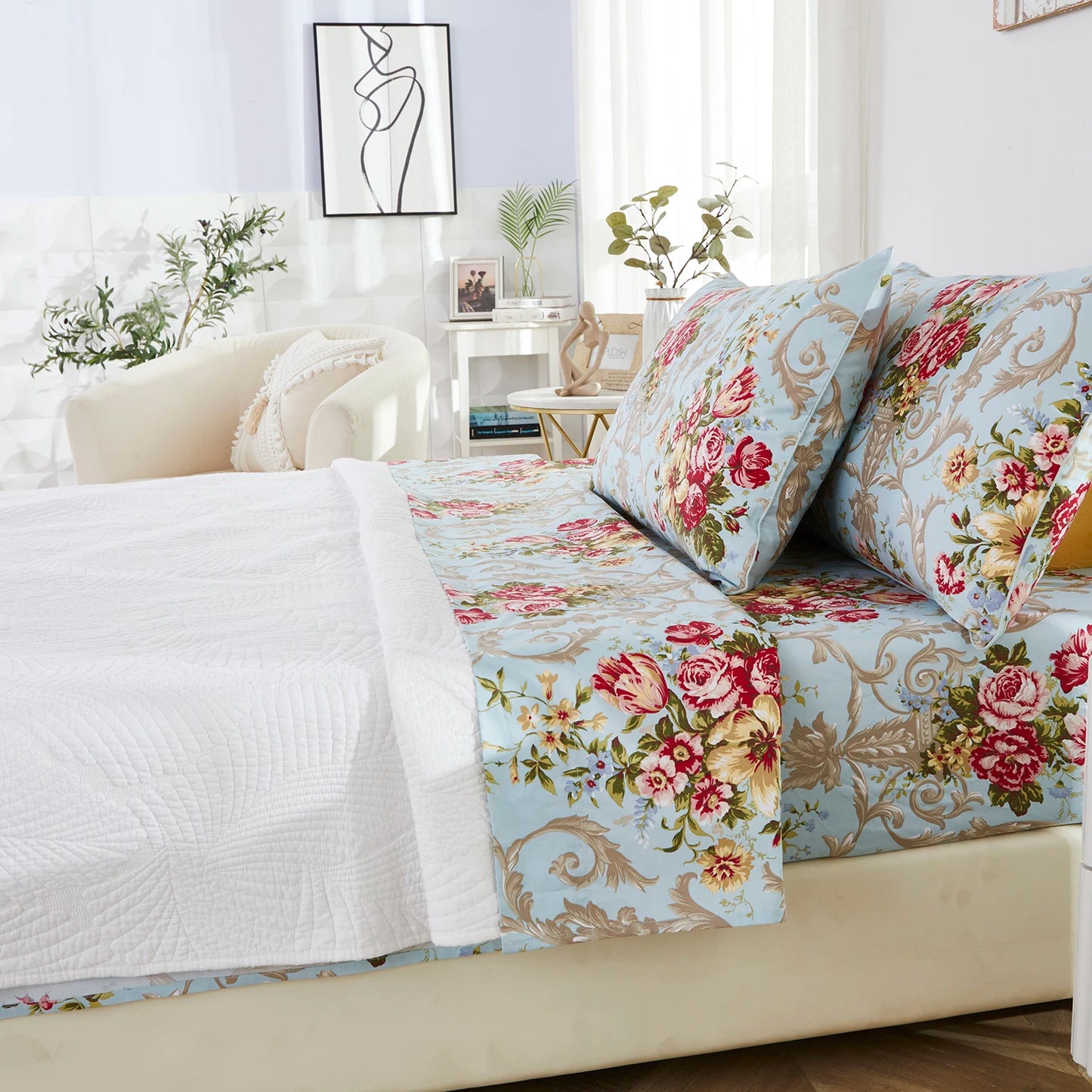 Vintage Red Rose In Light Blue