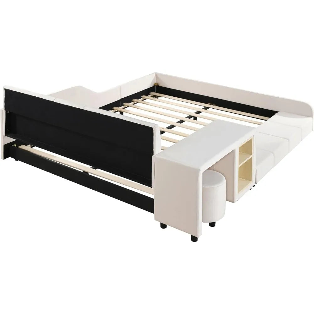 Upholstered Grounded Wood Platform Bedside Desk and Little Round Stool