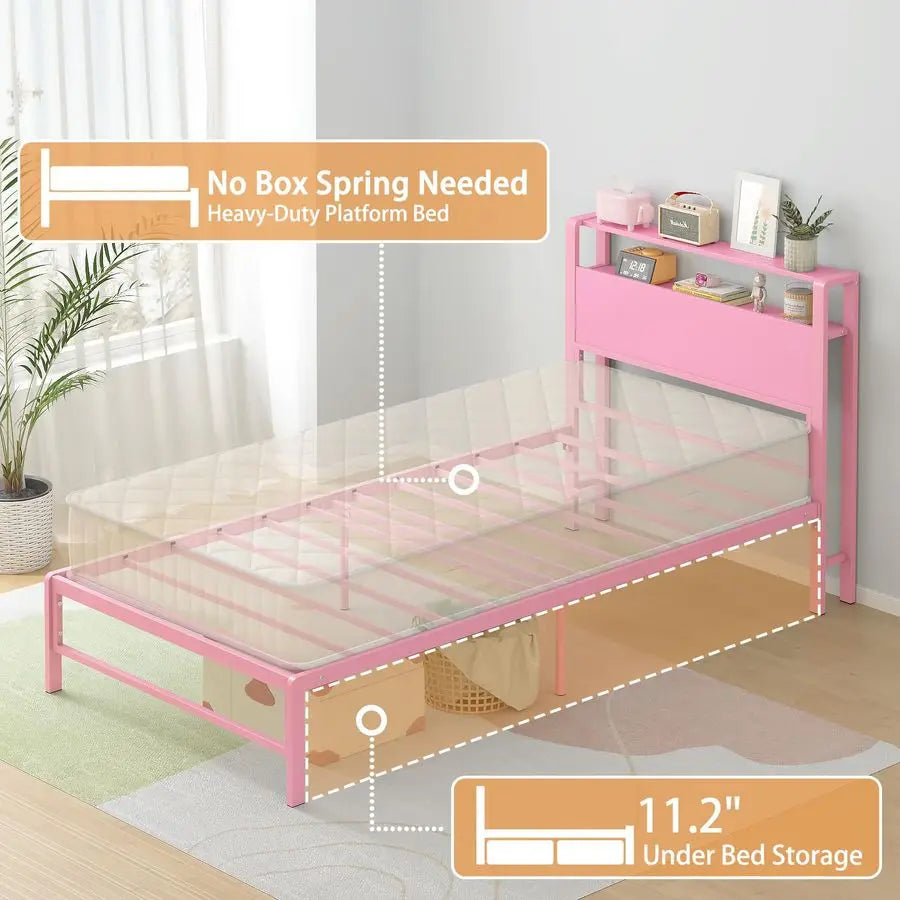 Twin Bed Frames for Kids with Storage Shelves Headboard