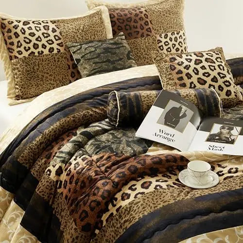 Brown Gold Leopard King Size Comforter Set with Matching Bed Skirt