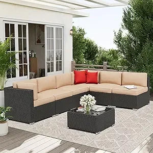 7-Piece Patio Furniture Sofa Set Rattan Wicker Sectional Conversation Sets with Glass Top Table and Cushions