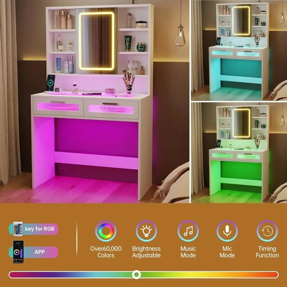 LED Vanity Desk with Mirror, Lights, Drawers & Charging Station
