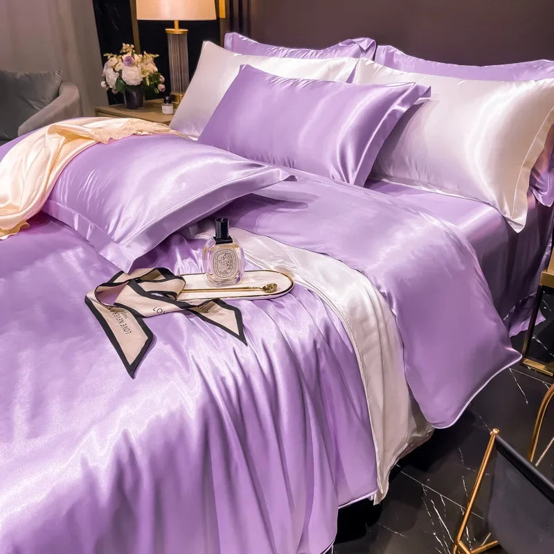 Solid Silk Bedding Set with Duvet Cover Bed Sheet