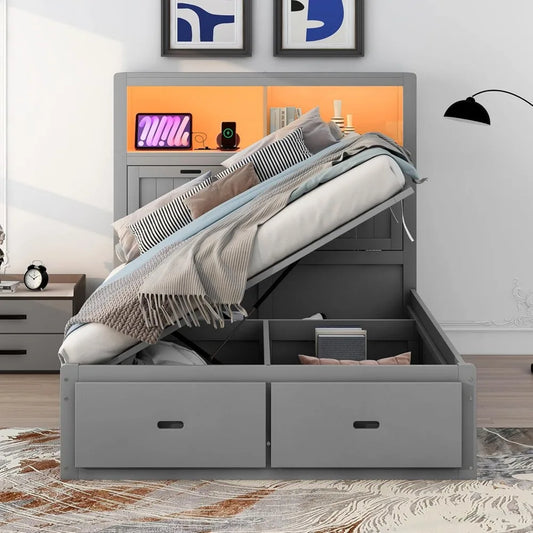 Wood Full Size Platform Bed with Storage Headboard& Charging Station