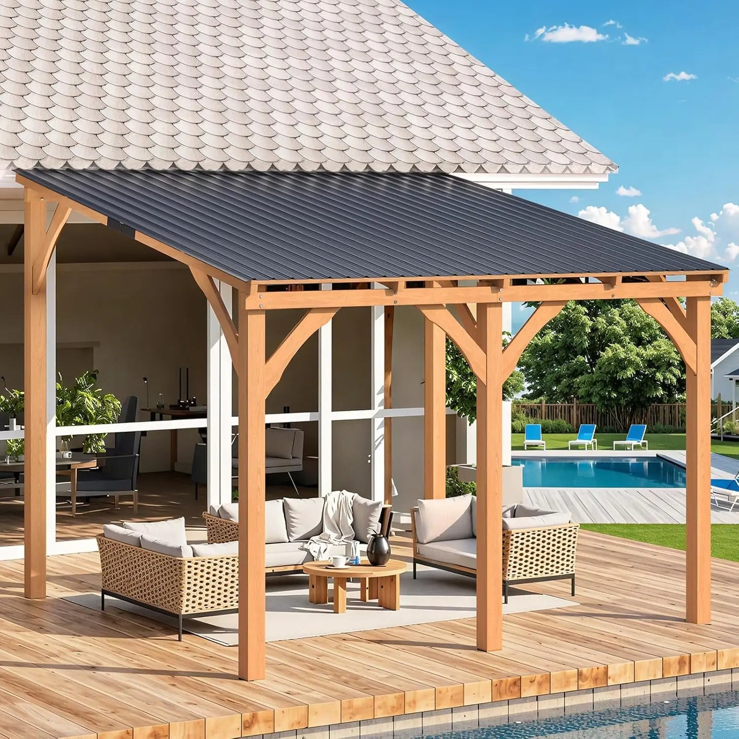 Wall Mounted Wood Ceder Hardtop Pergolas and Gazebos