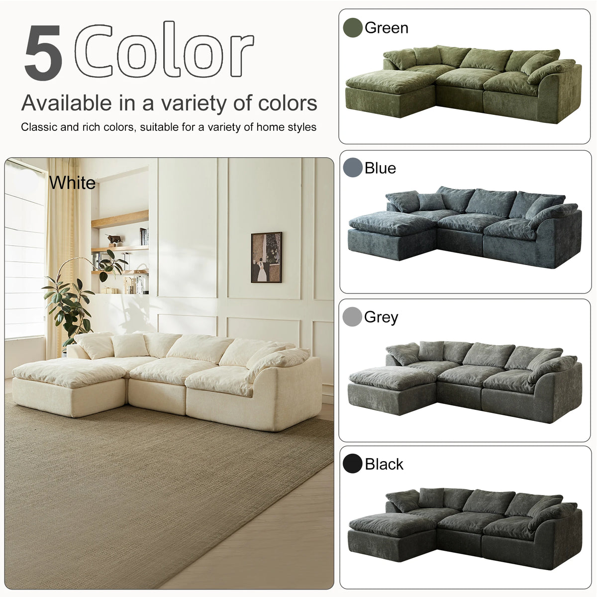 Modern Oversized Deep Seat Chenille Fabric Cloud L-Shaped Sofa