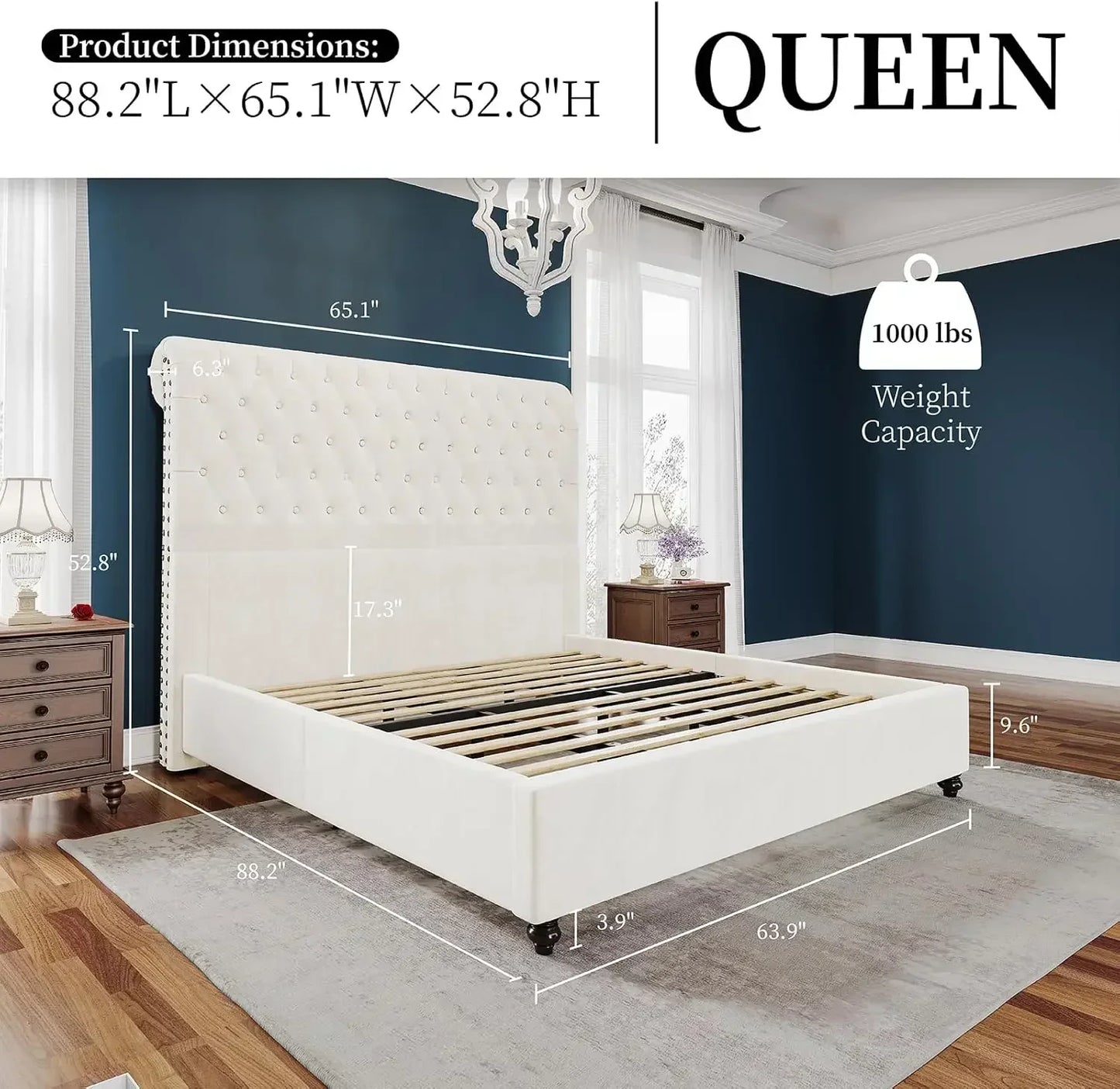 Bed Frame Upholstered Platform Bed with Sleigh Headboard, Button Tufted, No Box Spring Needed