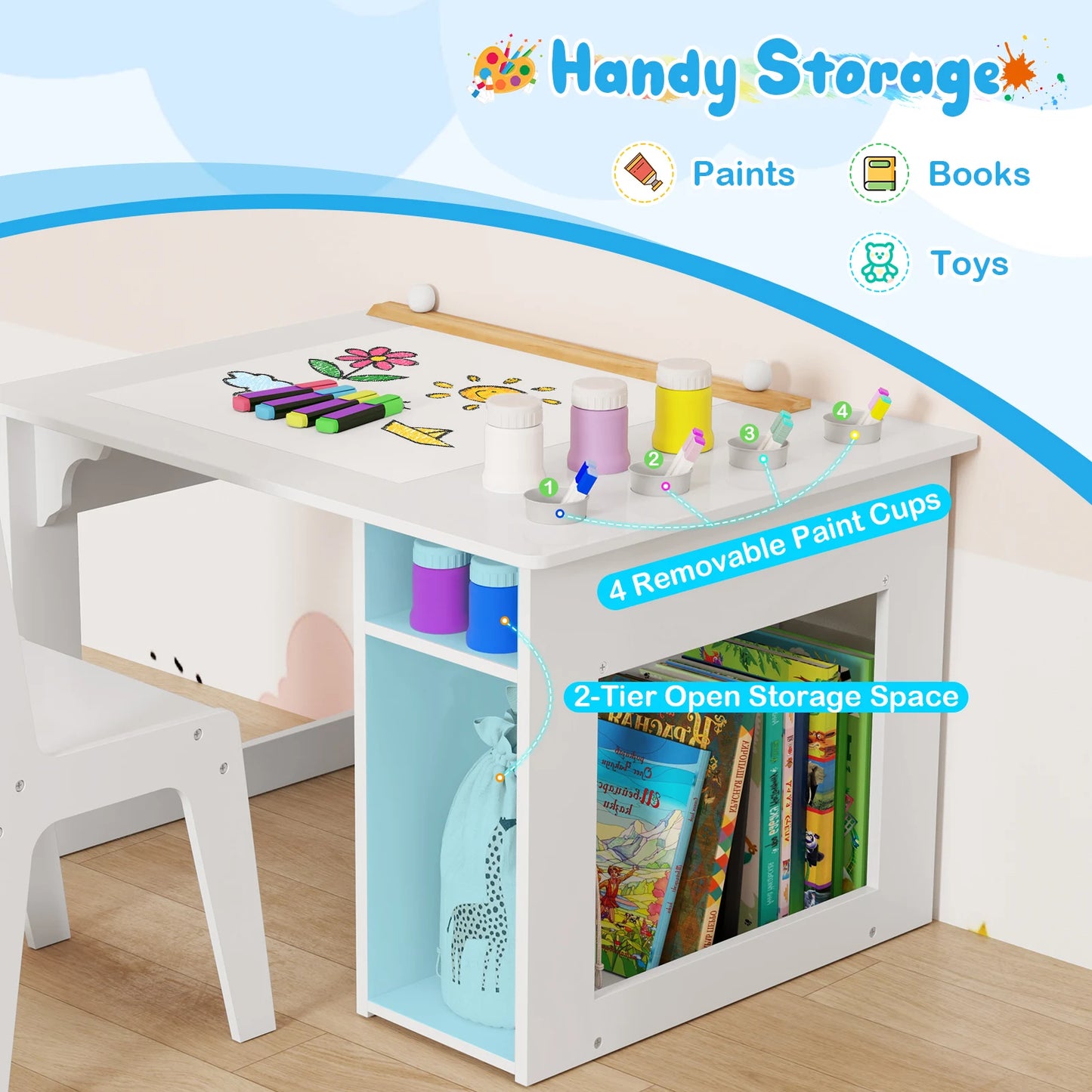 Art Table & Chair Set with Paper Roll 4 Paint Cups & 2 Storage Shelves