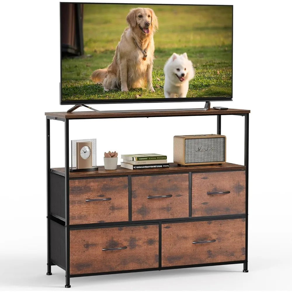 TV Stand Dresser with 5 Fabric Storage Drawers Media Console