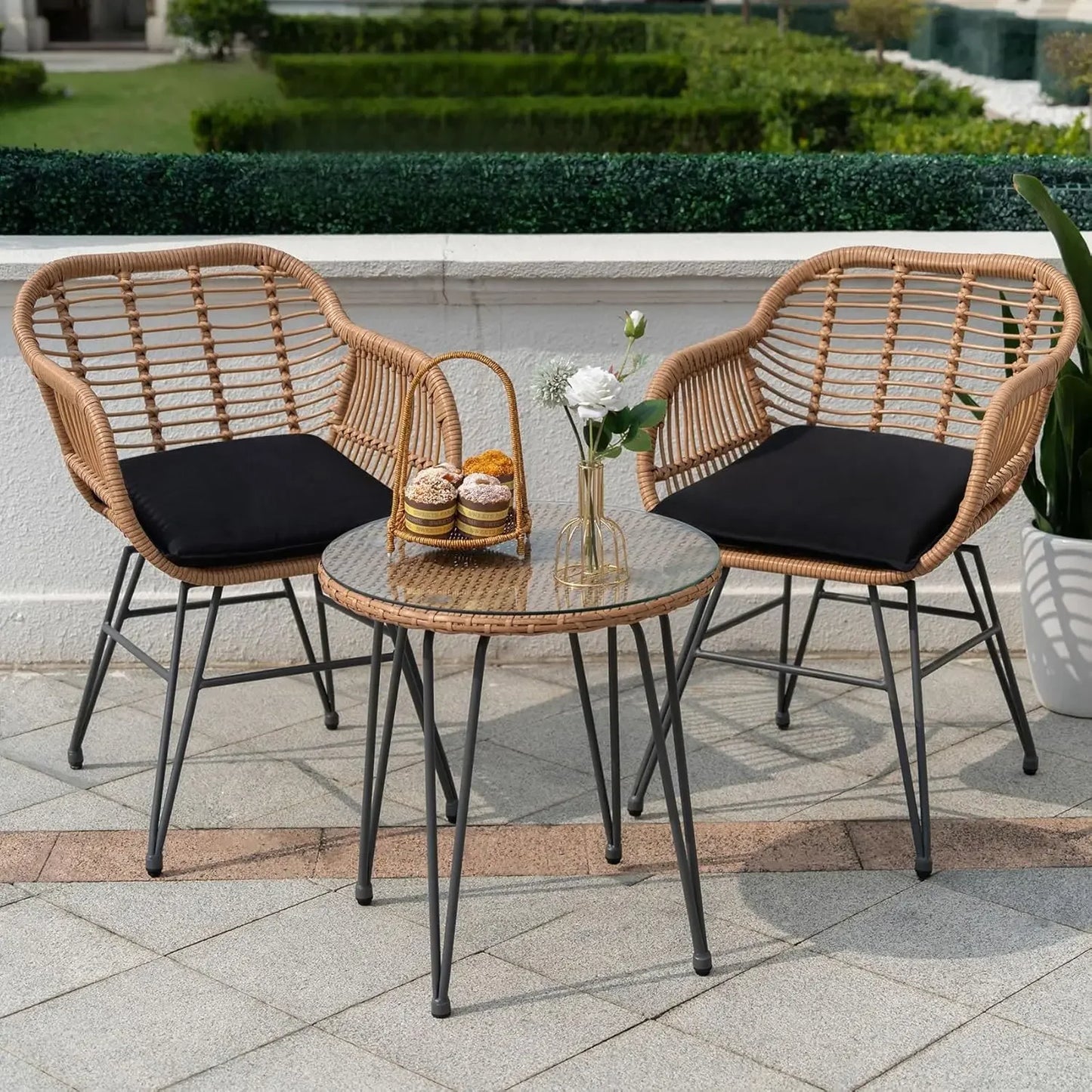 Patio Conversation Set w/2 Large Rattan Chairs and Tempered Glass Table