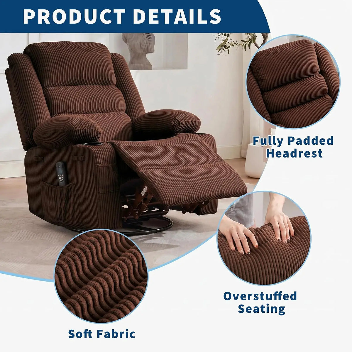 Corduroy Rocking Recliner Chair for Adults