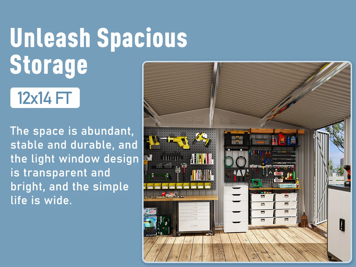 Heavy-Duty Metal Frame Storage with Window and Lockable Tool Shed