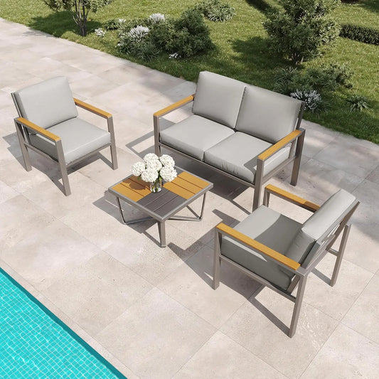 Outdoor Patio Furniture Set with Cushions & Wood-Like Armrests