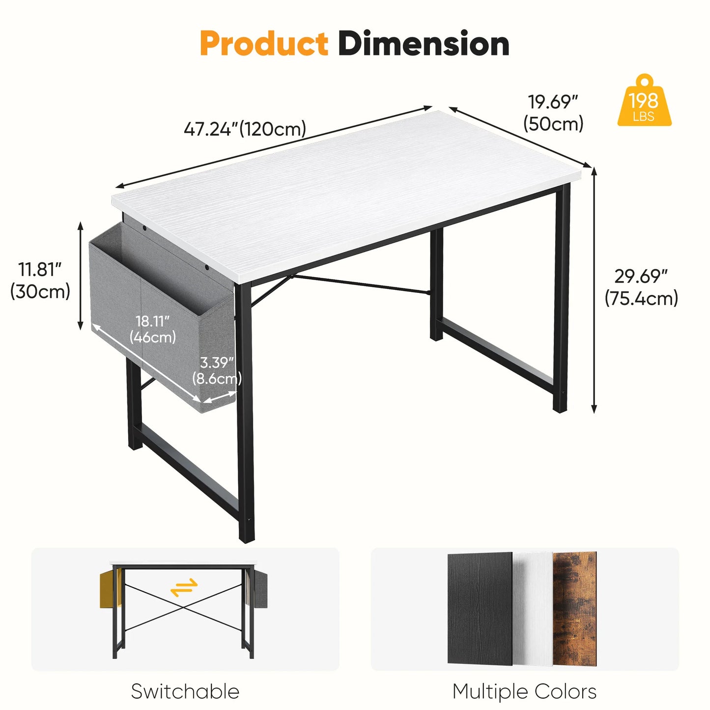 Writing Study Table with Storage Bag Metal Frame