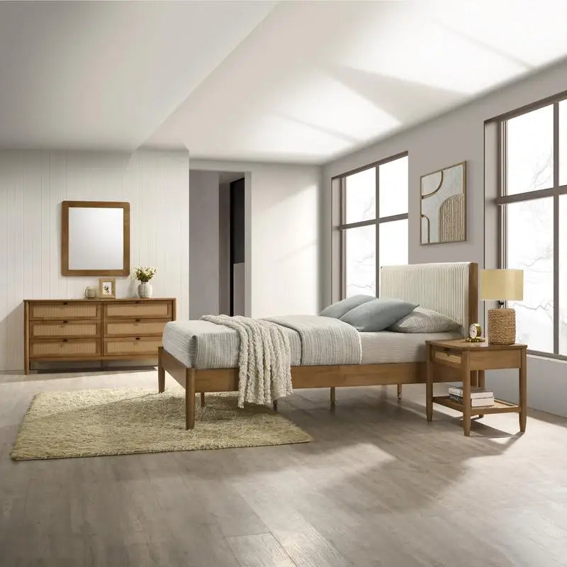 Rubberwood Bedroom Set with Upholstered Bed