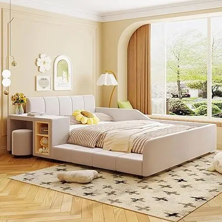 Upholstered Grounded Wood Platform Bedside Desk and Little Round Stool