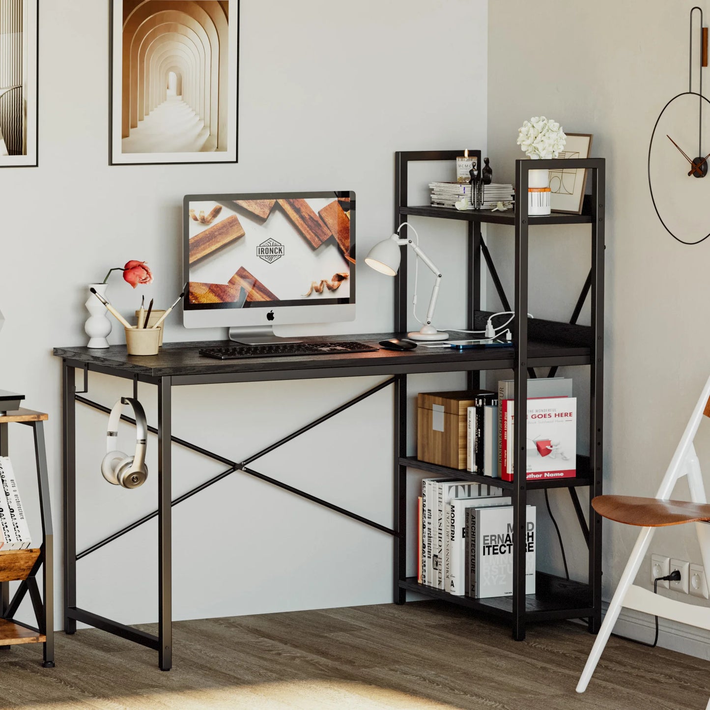 Computer Desk with Power Outlet with Storage Shelves and USB Ports Charging Station