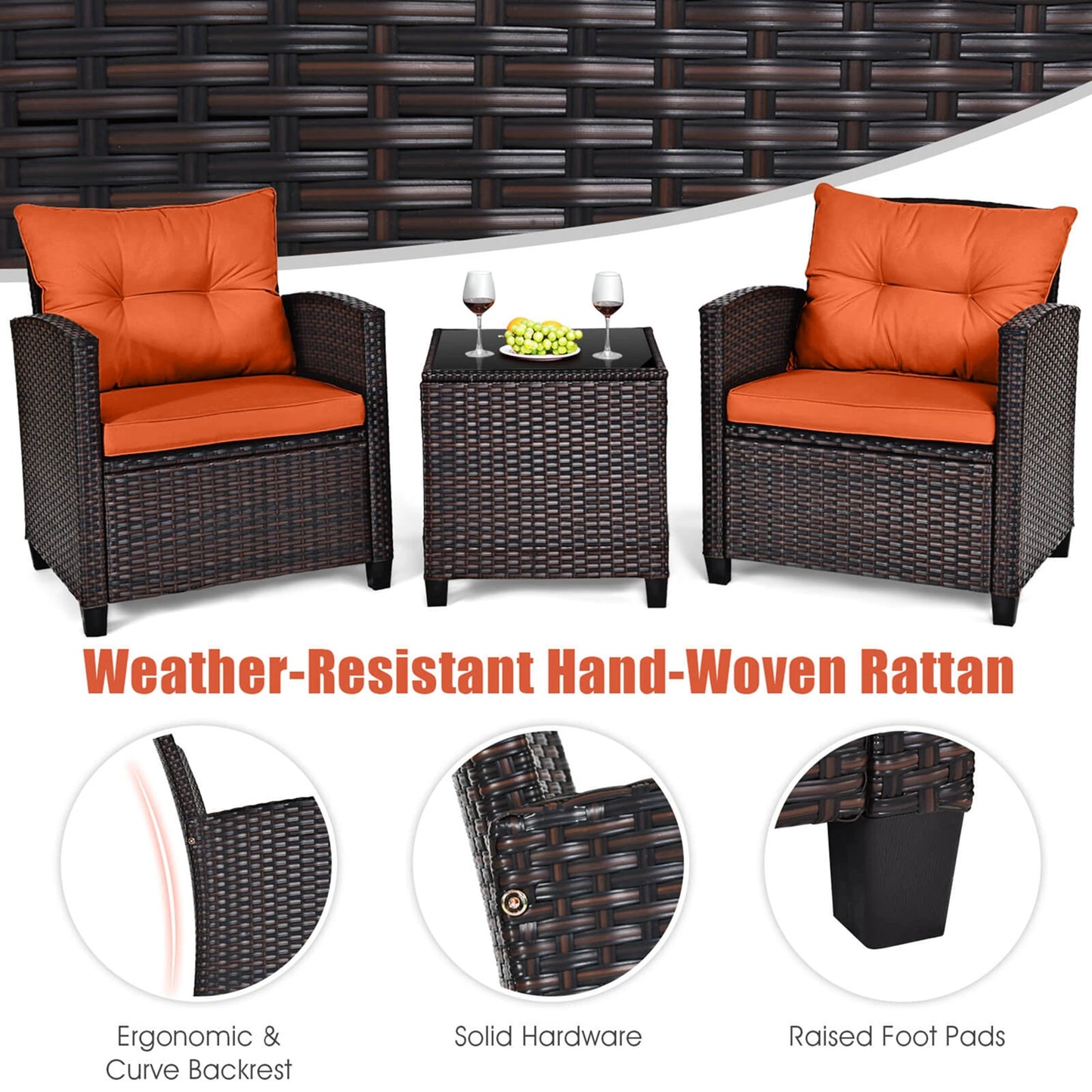 3 PCS Patio Rattan Cushioned Conversation Furniture Set