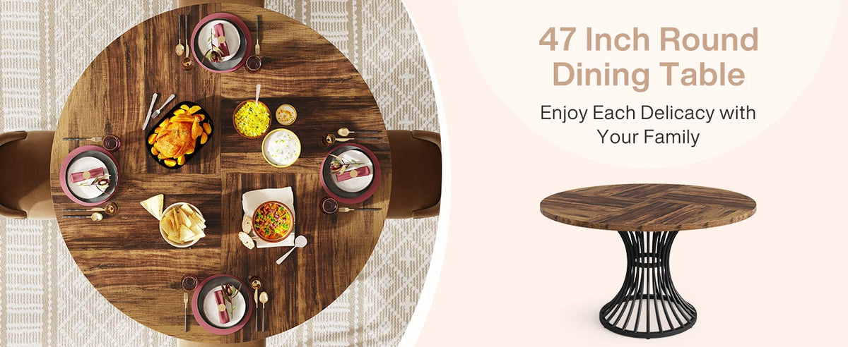 Round Dining Table with Sturdy Metal Base
