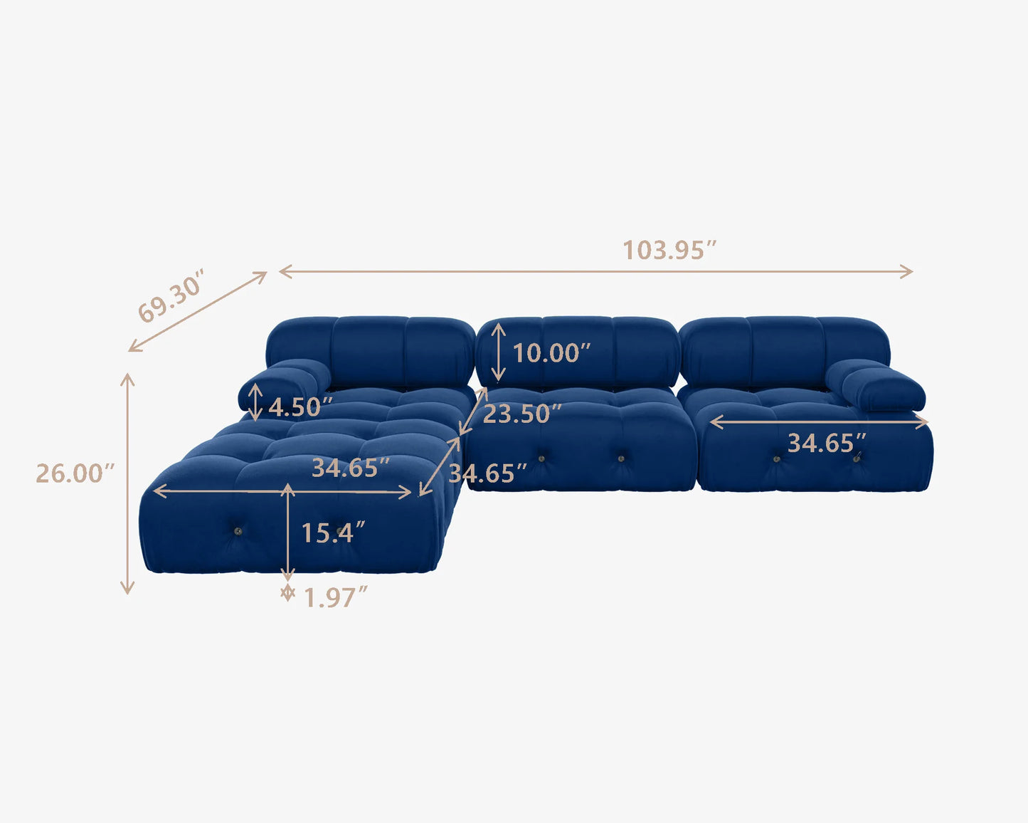 Modern L-Shaped Velvet Couch with Reversible Ottoman