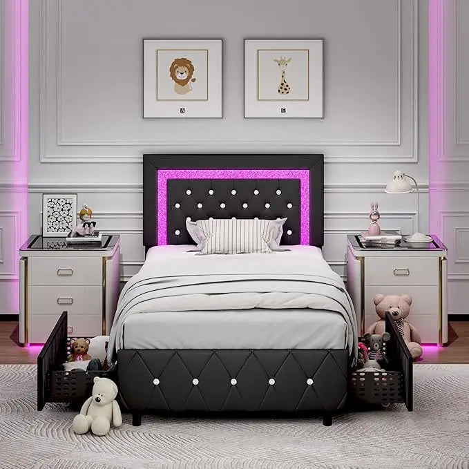 Twin Bed Frame with Storage Drawers & LED Lights