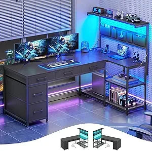 L Shaped Reversible Computer Desk with Bookshelf and Storage Shelves