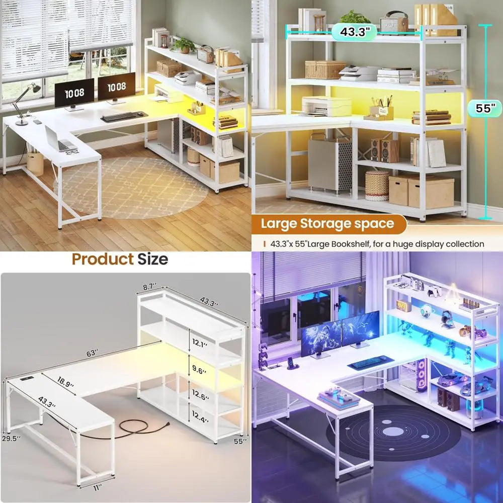 Desk with Storage Shelves and LED Lights for L-Shaped Office Setup