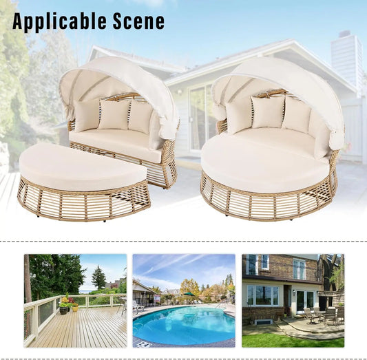 Outdoor Patio Rattan Round Daybed with Retractable Canopy