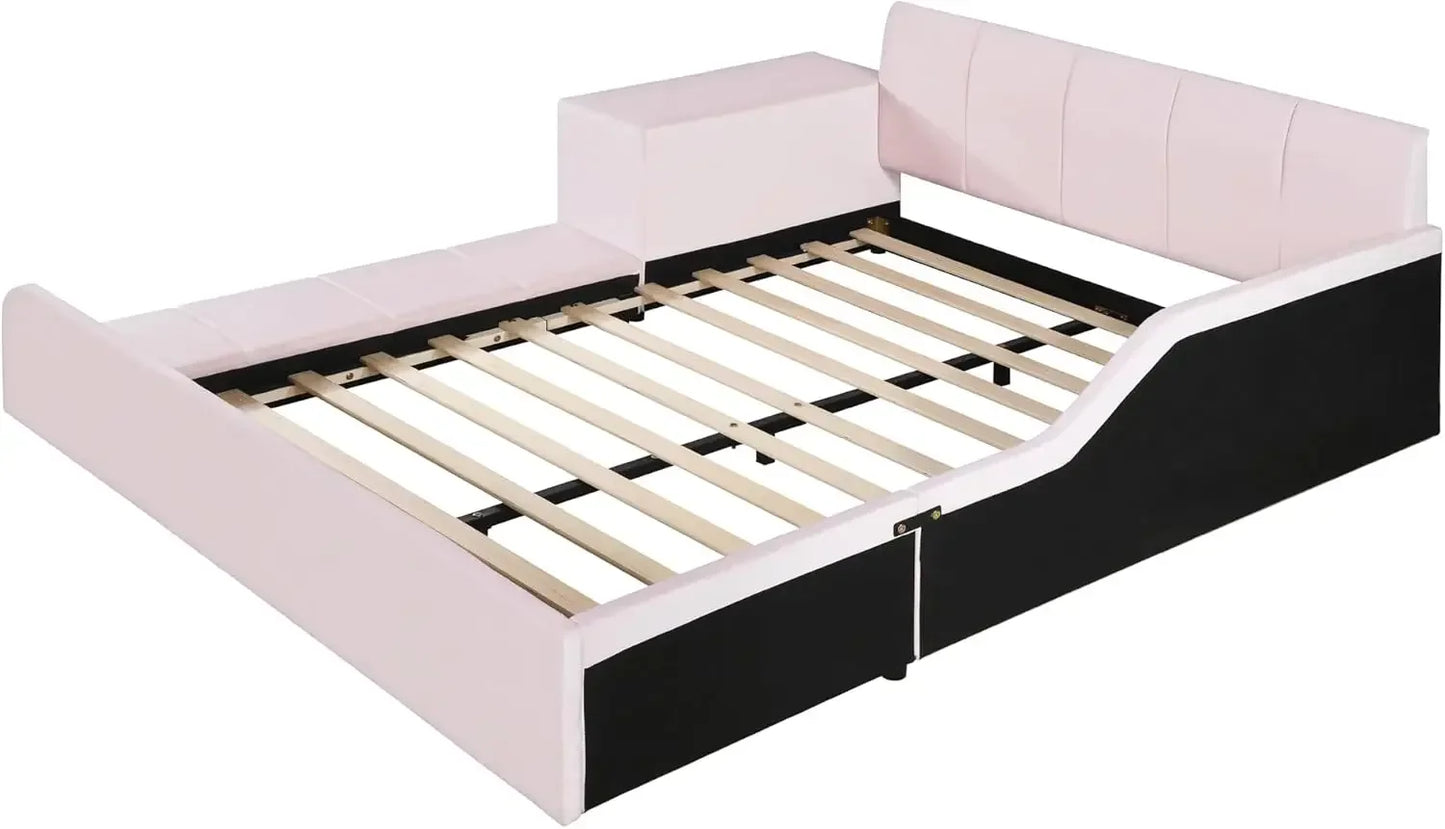 Velvet Upholstered Grounded Bed Platform Bed with Bedside Desk and Little Round Stool