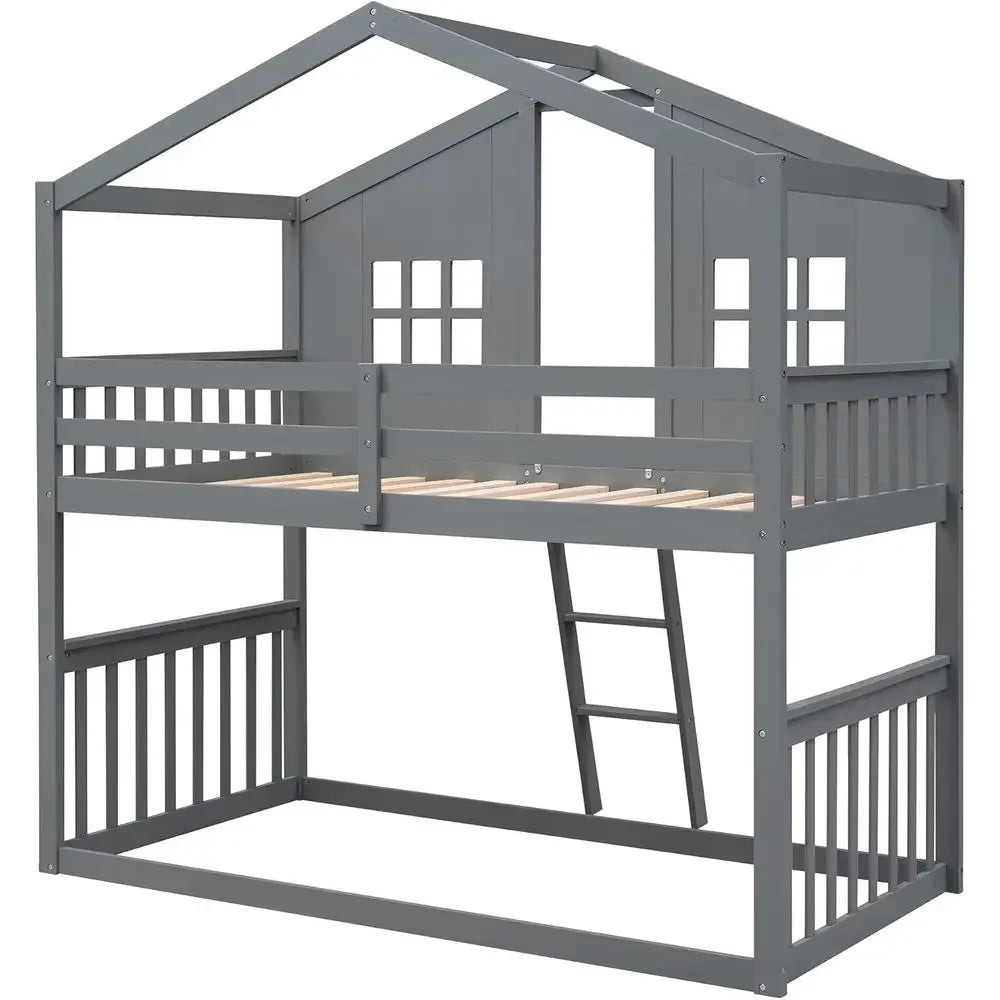 Twin Over Twin Bunk Bed with Ladder, Storage, and Windows