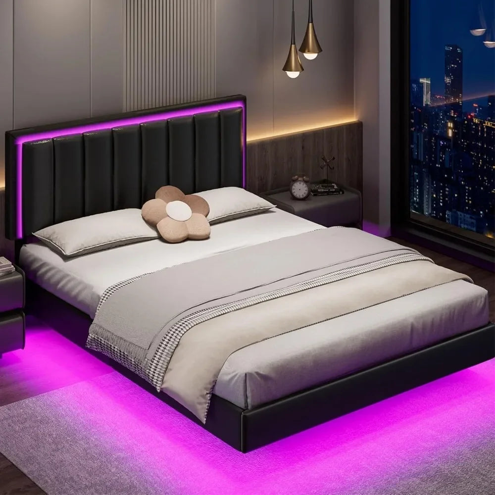 Floating Bed Frame with Headboard Upholstered with LED Lights