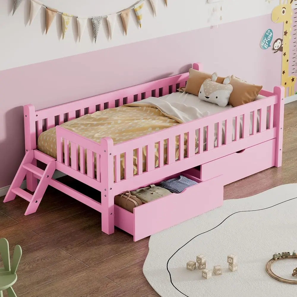 Low Platform Bed with Stairs and Ladder
