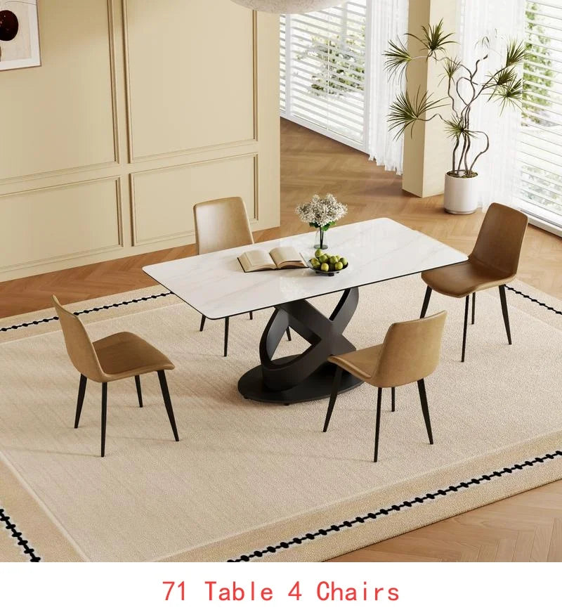 Modern Luxury Rectangular Dining Table with Centered Stone Top and Carbon Steel Base