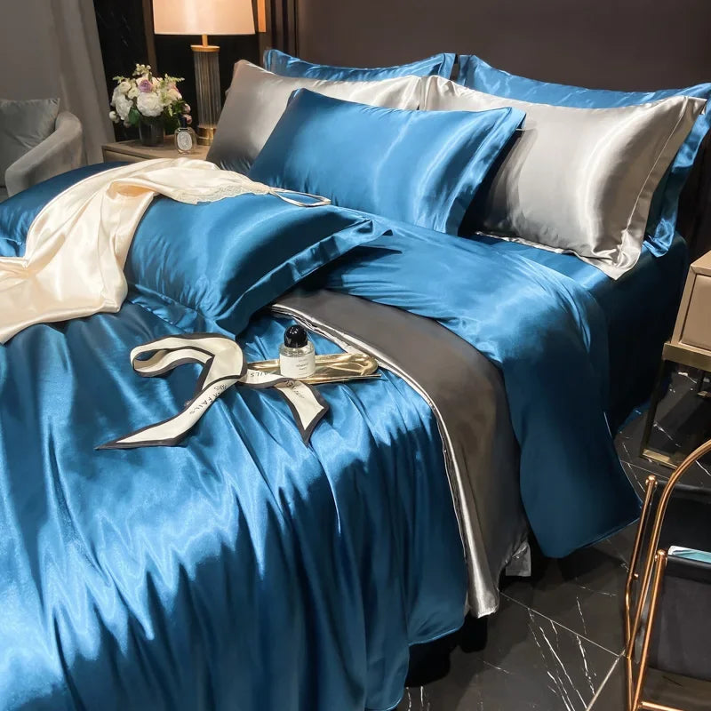 Solid Silk Bedding Set with Duvet Cover Bed Sheet